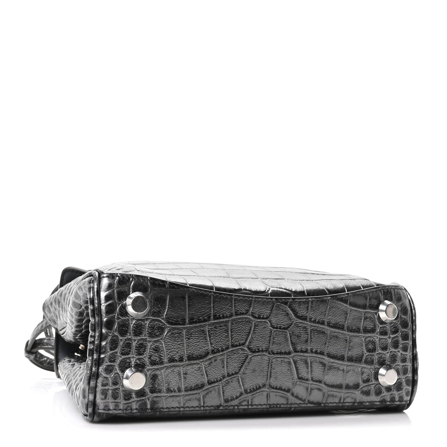 Metallized Calfskin Crocodile Embossed Mini Rodeo Top Handle Handbag Gunmetal