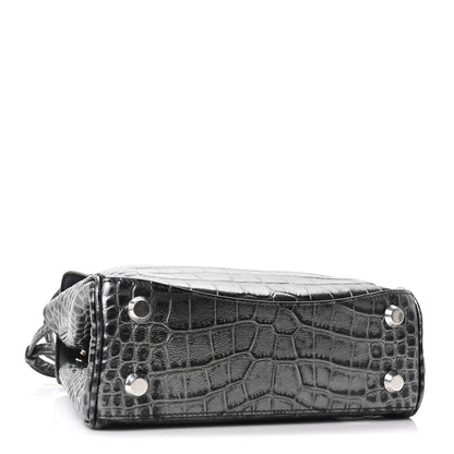 Metallized Calfskin Crocodile Embossed Mini Rodeo Top Handle Handbag Gunmetal