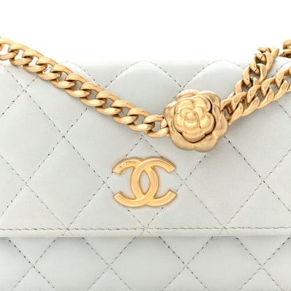 Lambskin Quilted Sweet Camellia Flap Phone Holder With Chain Light Blue