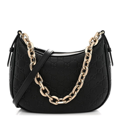 GG Grainy Calfskin Emblem Small Half Moon Shoulder Black