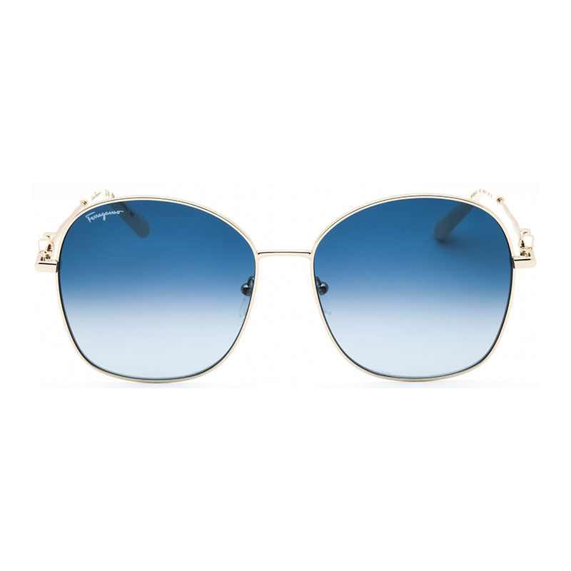 Salvatore Ferragamo Sunglasses Round Full Rim, Gold Frame and Blue Gradient Lens SF297S743