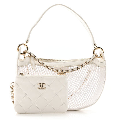 Mesh Shiny Lambskin Chain Hobo White