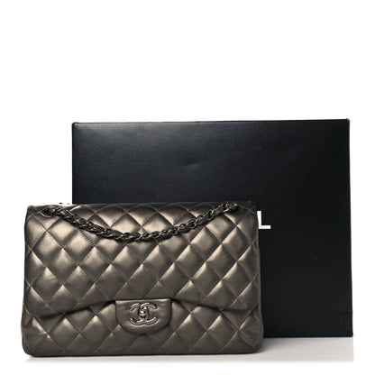 Metallic Lambskin Quilted Jumbo Double Flap Pewter