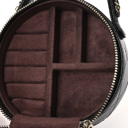 Caviar Quilted Round Top Handle Jewelry Case With Chain Black