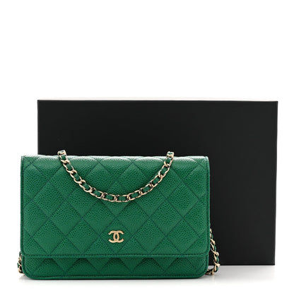 Metallic Caviar Quilted Wallet On Chain WOC Green