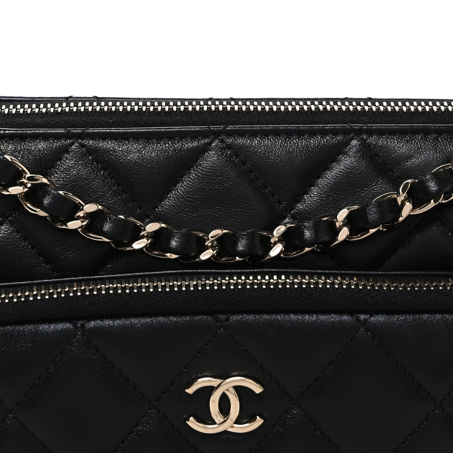 Shiny Crumpled Lambskin Quilted Small Preppy Pocket Clutch With Chain Black