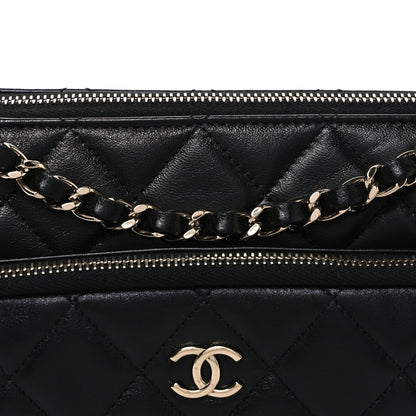 Shiny Crumpled Lambskin Quilted Small Preppy Pocket Clutch With Chain Black