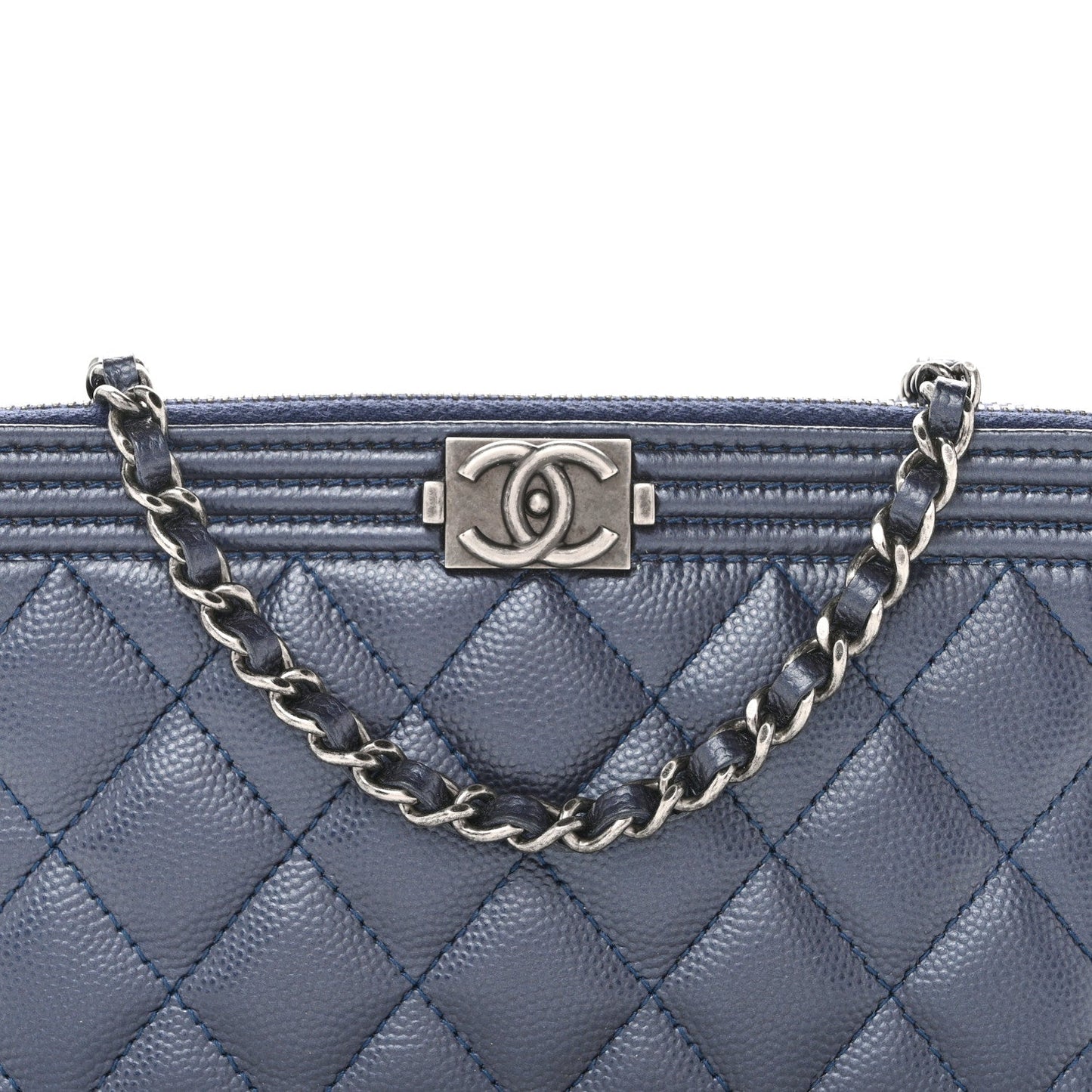 Metallic Caviar Quilted Small Boy Clutch With Chain Navy