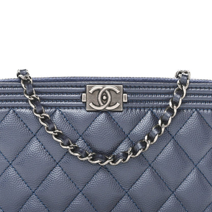 Metallic Caviar Quilted Small Boy Clutch With Chain Navy