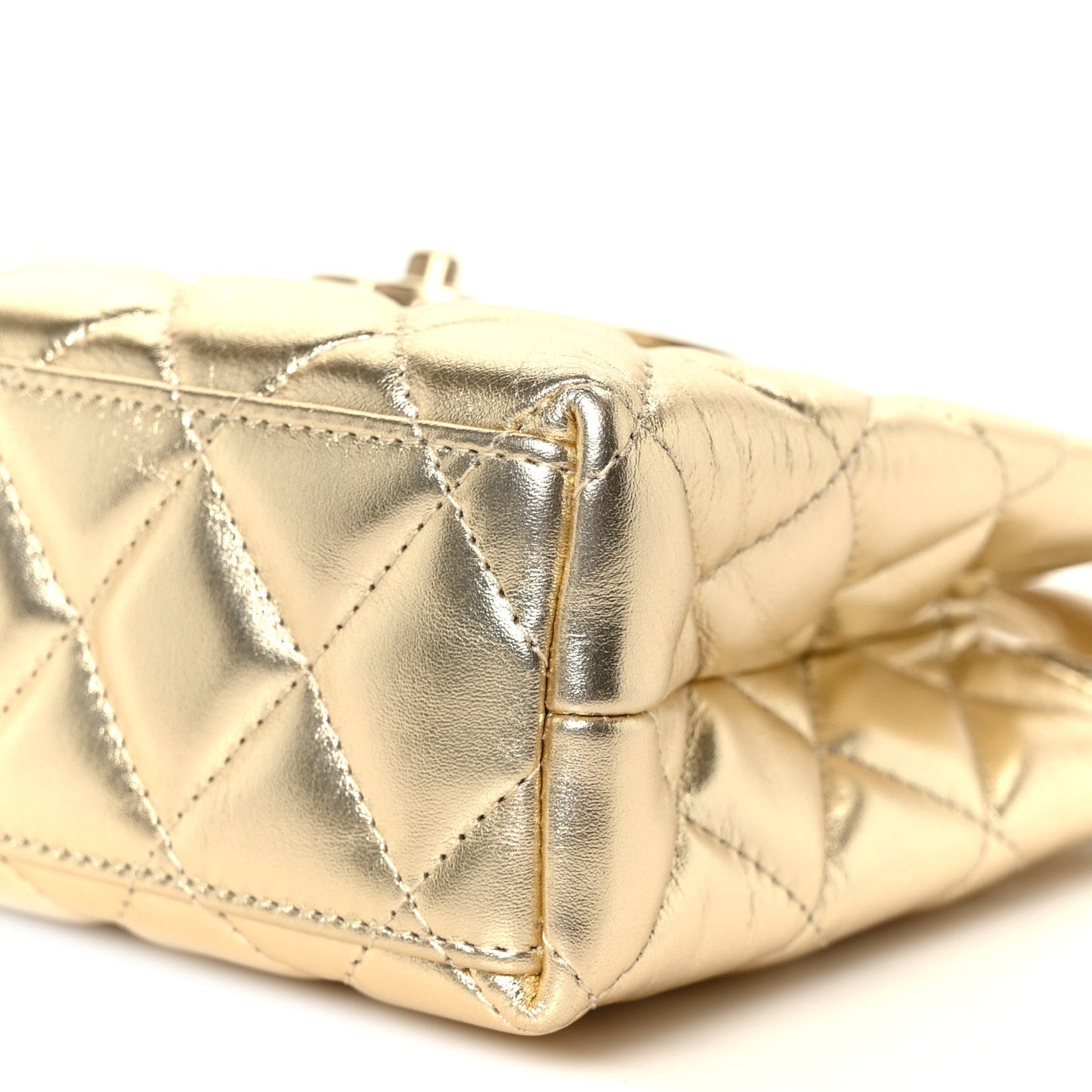 Metallic Shiny Aged Calfskin Quilted Nano Kelly Shopper Gold