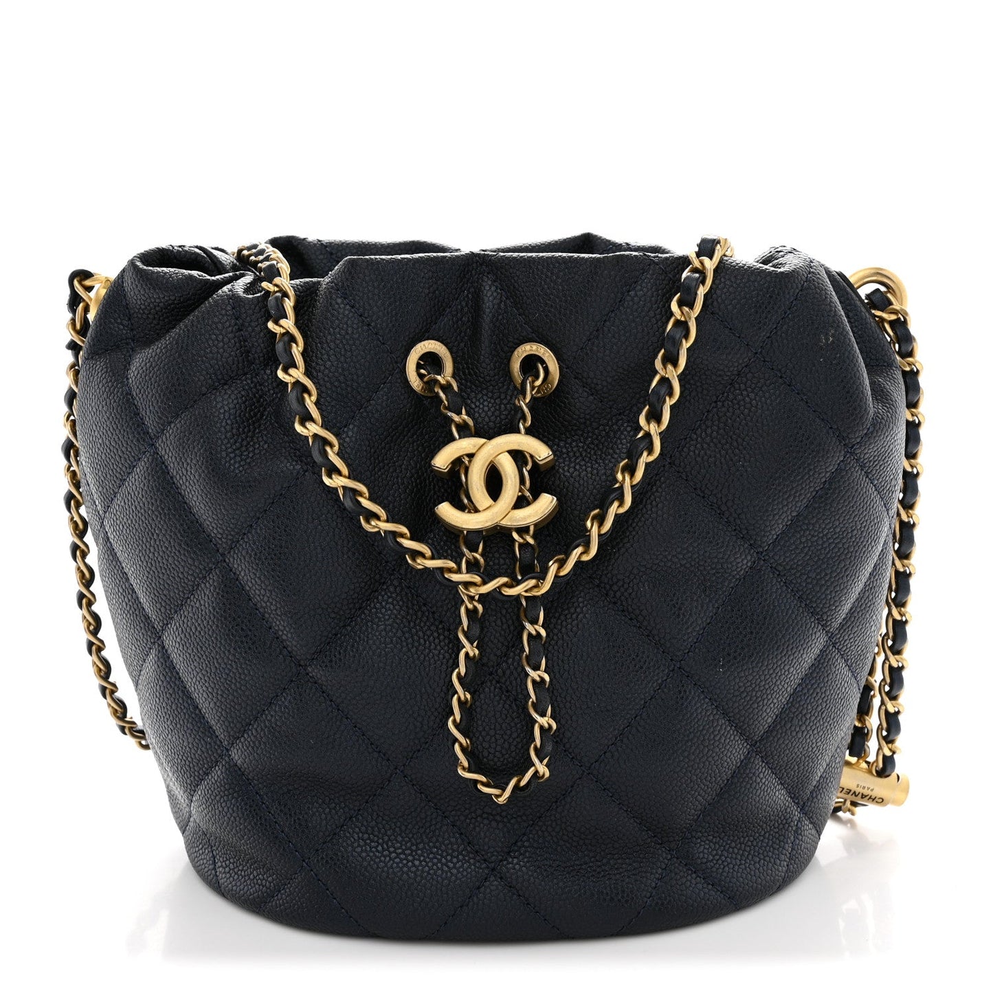 Iridescent Caviar Quilted My Perfect CC Bucket Drawstring Bag Blue
