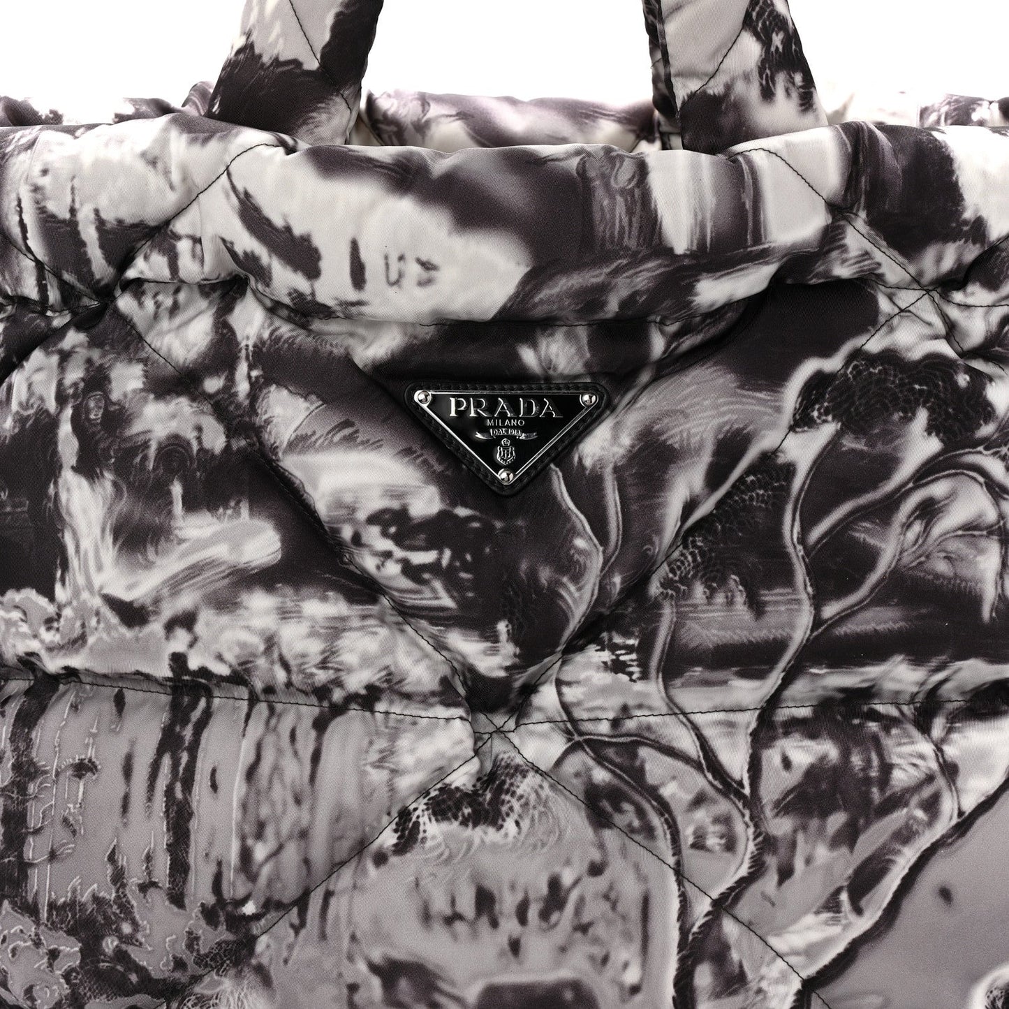 Re-Nylon Padded Printed Medium Tote Bag Black White