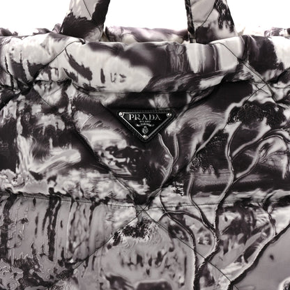 Re-Nylon Padded Printed Medium Tote Bag Black White