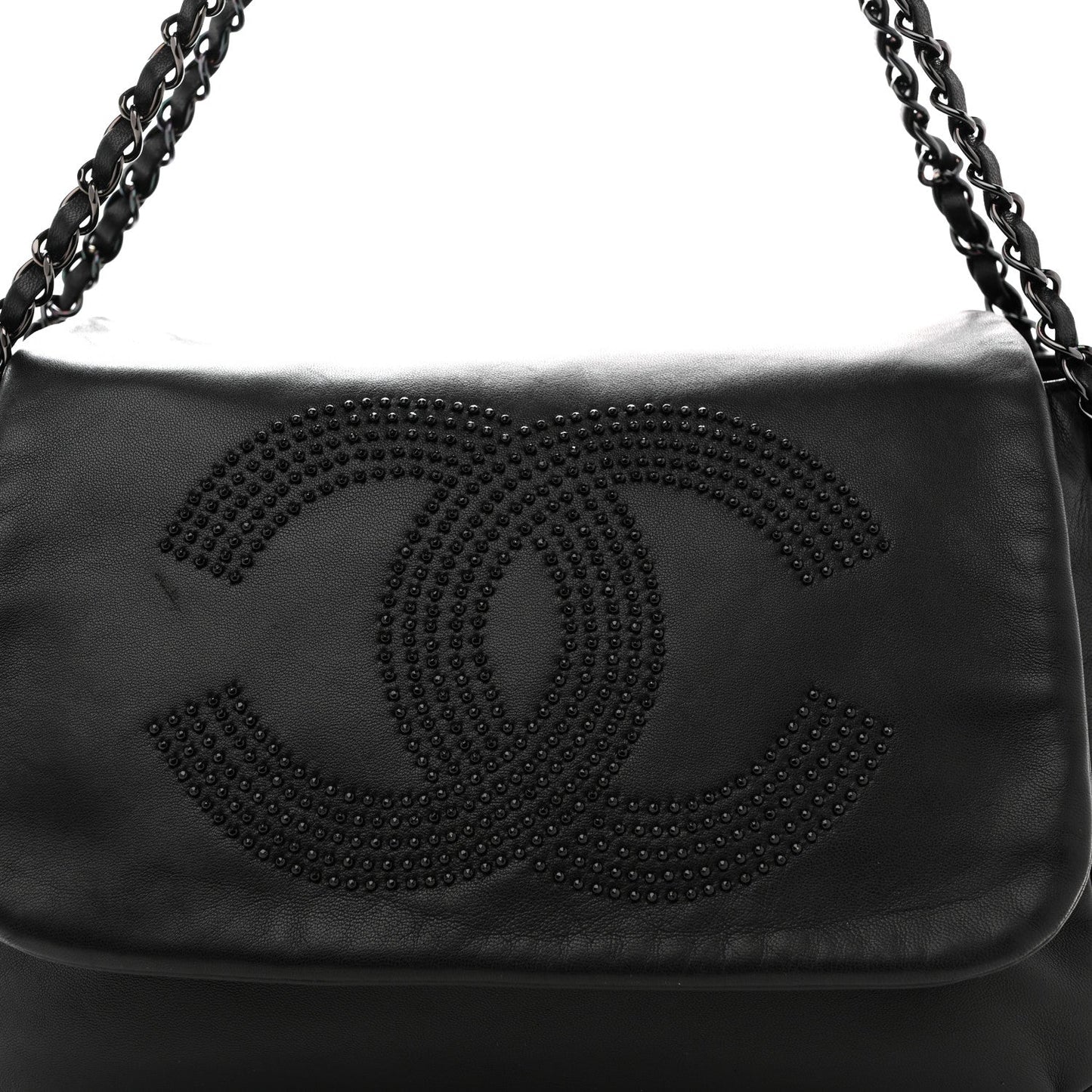 Lambskin Studded Accordion CC Flap Black