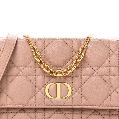 Supple Calfskin Cannage Caro Pouch with Chain Rose Des Vents