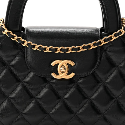 Shiny Aged Calfskin Quilted Nano Kelly Shopper Black