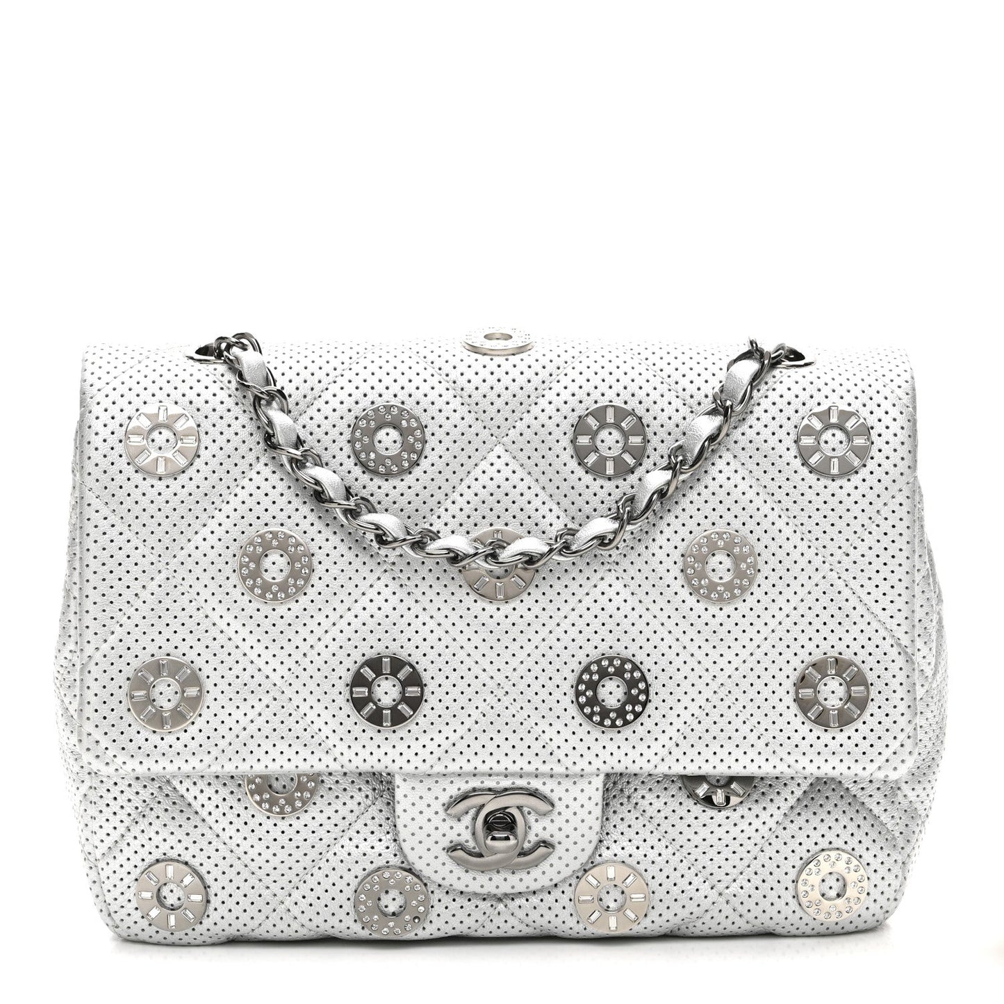 Perforated Metallic Lambskin Small CC Medals Flap Silver