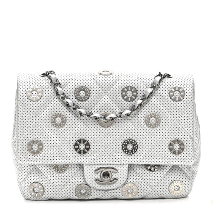 Perforated Metallic Lambskin Small CC Medals Flap Silver
