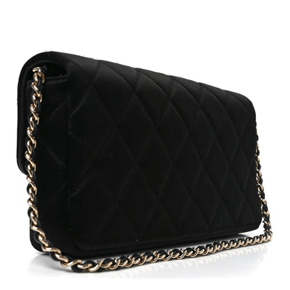 Satin Quilted Pearl CC Flap Clutch Black