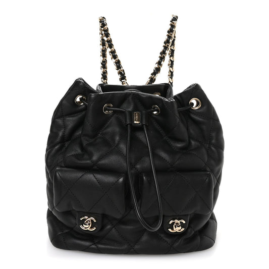 Lambskin Quilted Double Pocket Drawstring Backpack Black