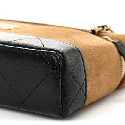 Suede Calfskin Shiny Lambskin Quilted Top Handle Slim Vanity Case With Chain Beige Black