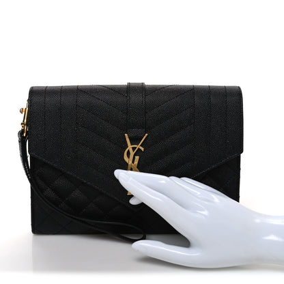 Grain De Poudre Textured Mixed Matelasse Triquilt Monogram Clutch Black