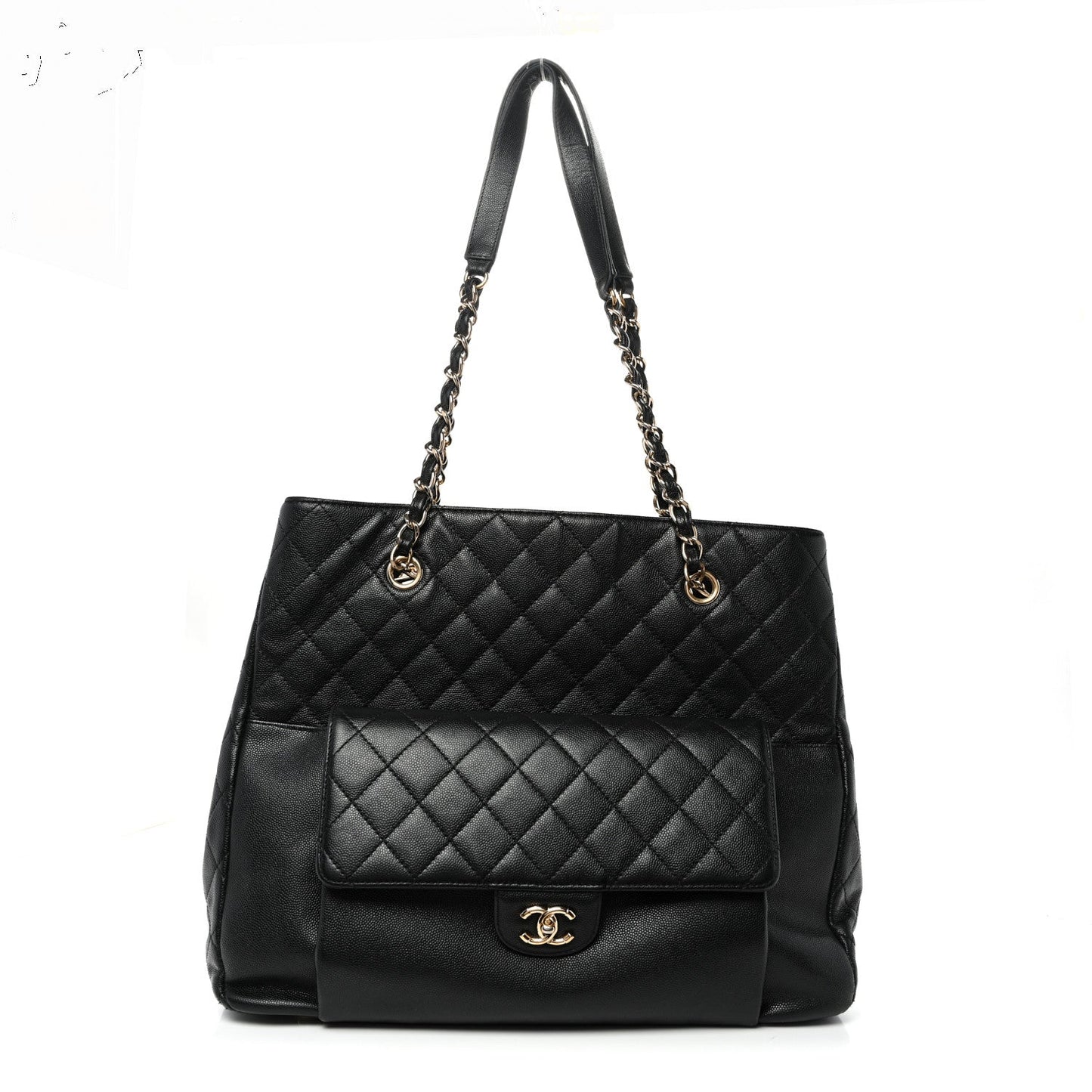 Caviar Quilted Large Flap Shopping Tote Black