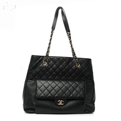 Caviar Quilted Large Flap Shopping Tote Black