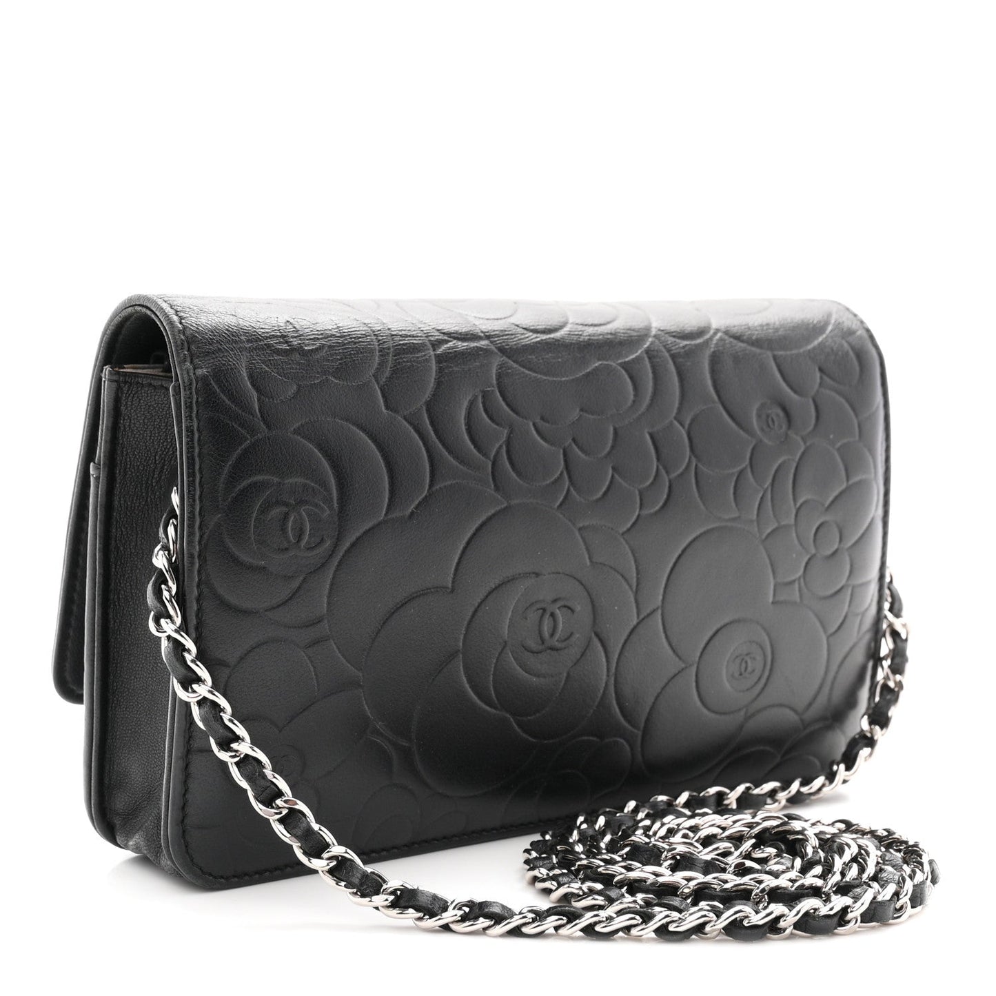 Lambskin Camellia Embossed Wallet On Chain WOC Black