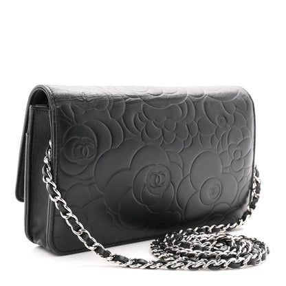 Lambskin Camellia Embossed Wallet On Chain WOC Black