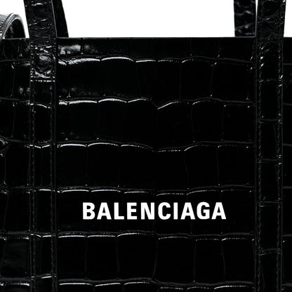 Shiny Calfskin Logo Crocodile Embossed XXS Everyday Tote  Black