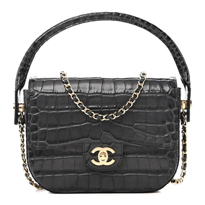 Calfskin Crocodile Embossed Turn Around Mini Flap Dark Grey