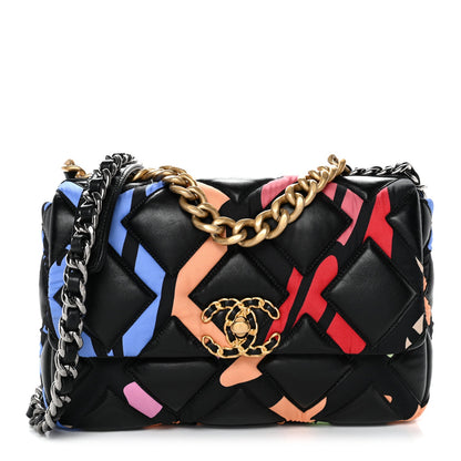 Lambskin Printed Fabric Medium Chanel 19 Flap Black Multicolor