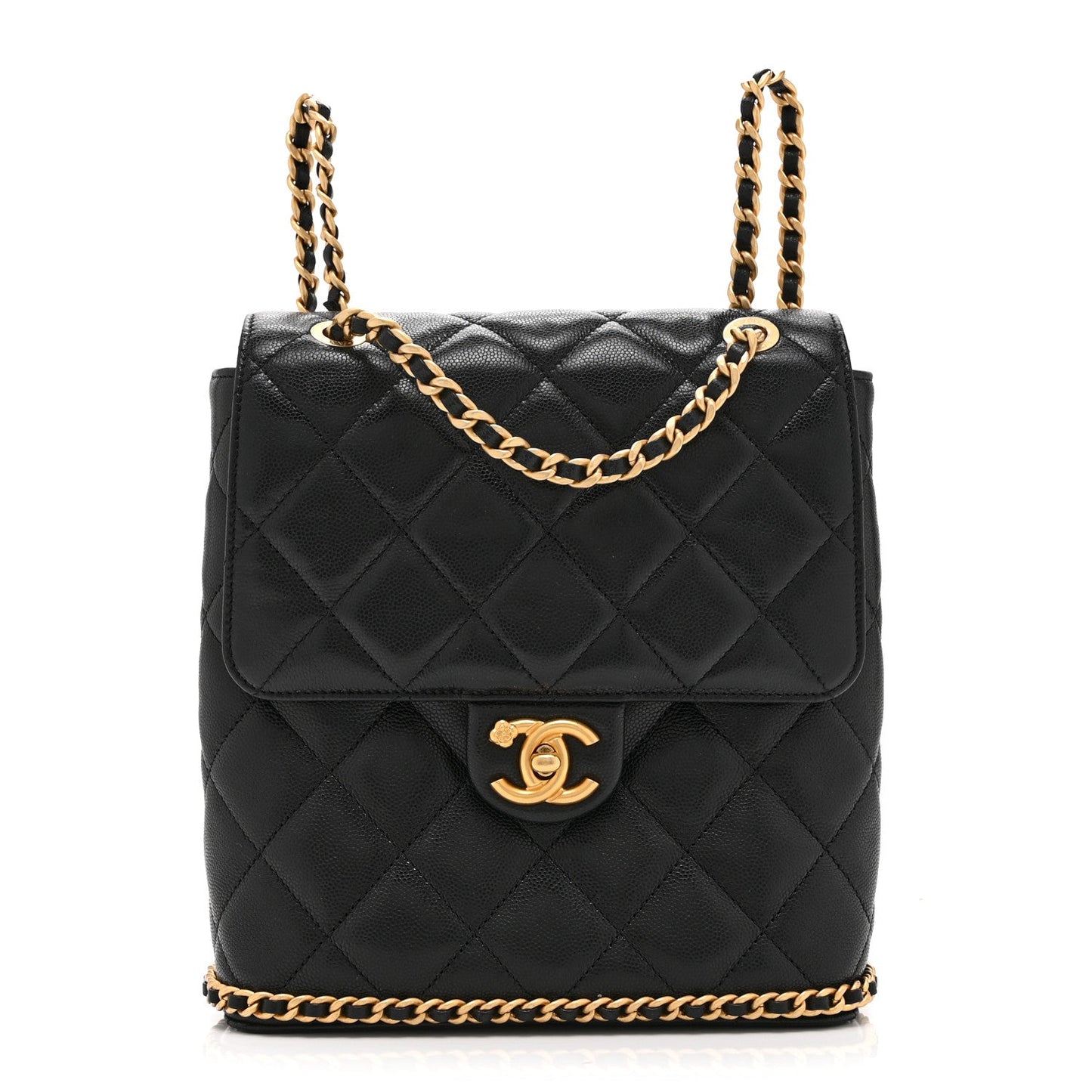Caviar Quilted Camellia Chain Around Backpack Black