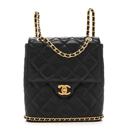 Caviar Quilted Camellia Chain Around Backpack Black