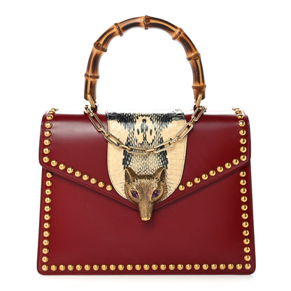 Glossy Calfskin Snakeskin Studded Fox Broche Bamboo Top Handle Bag Red