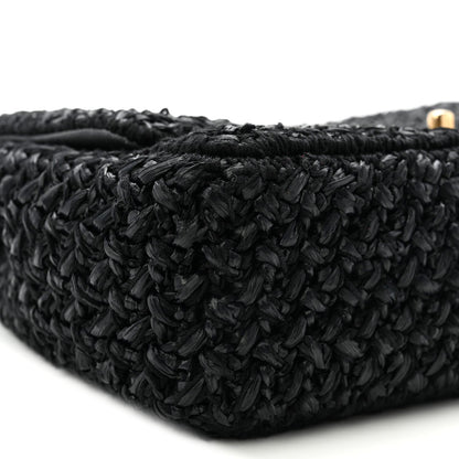 Raffia Crochet Paris Greece Medium Flap Bag Black