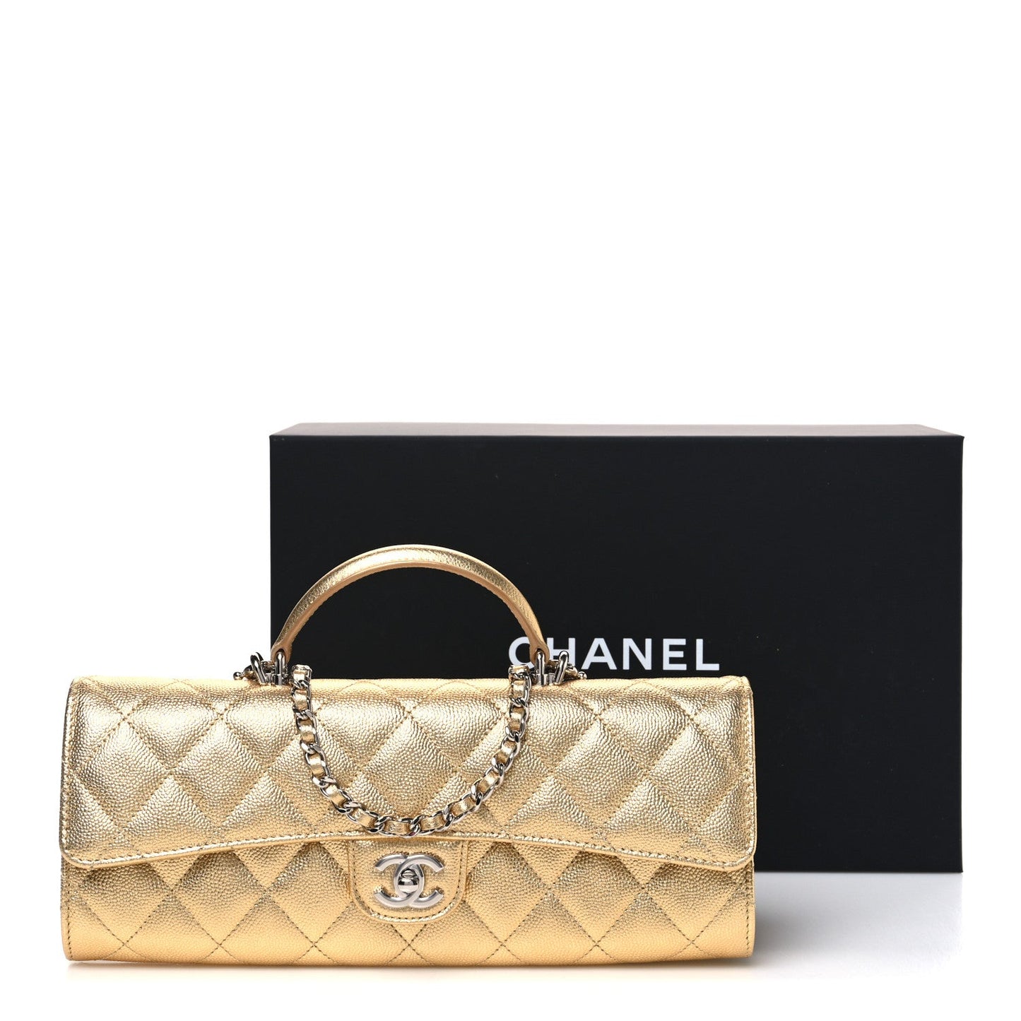 Metallic Caviar Quilted Top Handle Flap Clutch With Chain Gold
