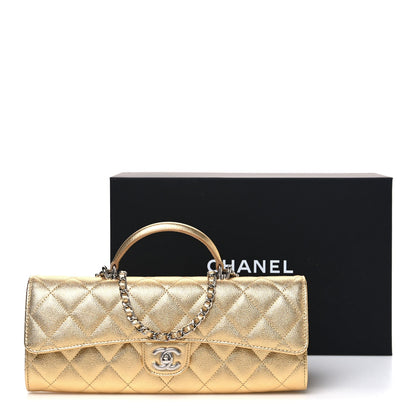 Metallic Caviar Quilted Top Handle Long Clutch With Chain Gold