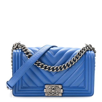 Lambskin Chevron Quilted Medium Boy Flap Bright Blue