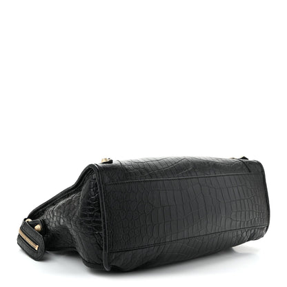 Calfskin Crocodile Embossed Giant 12 Gold Hardware City Black