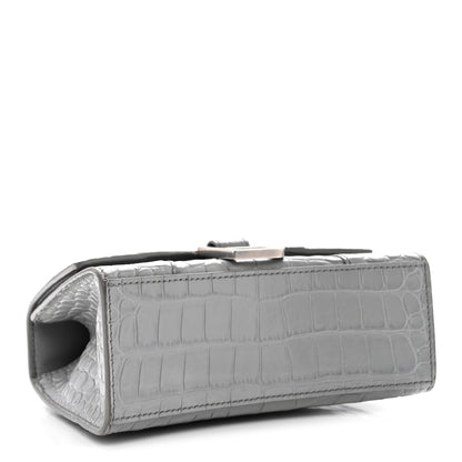 Shiny Calfskin Crocodile Embossed Hourglass Top Handle Bag XS Balenciaga Grey