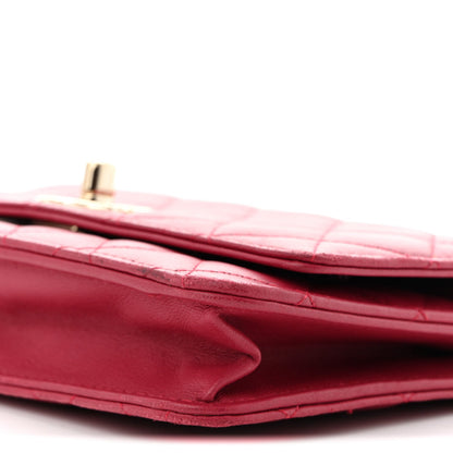 Lambskin Quilted Trendy CC Wallet On Chain WOC Dark Pink
