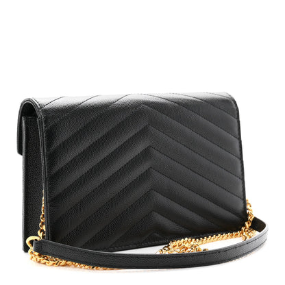 Grain De Poudre Matelasse Chevron Monogram Envelope Chain Wallet Black