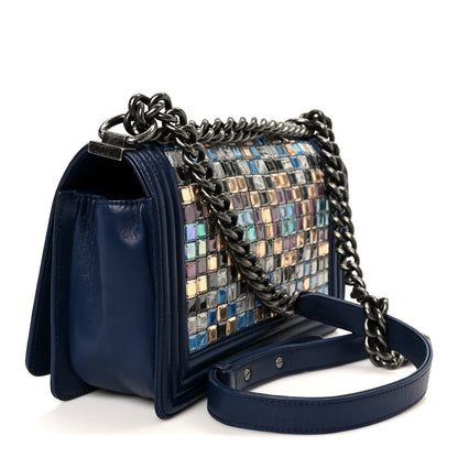 Lambskin Tile Medium Mosaic Boy Flap Navy Multicolor