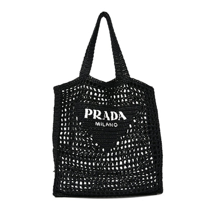 Yarn Raffia Effect Crochet Logo Embroidered Tote Bag Black
