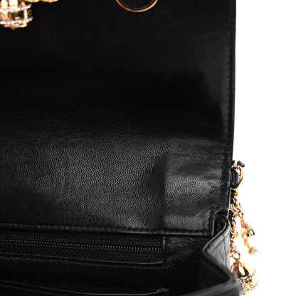 Lambskin Quilted Crystal Chocolate Bar Charm Flap Black