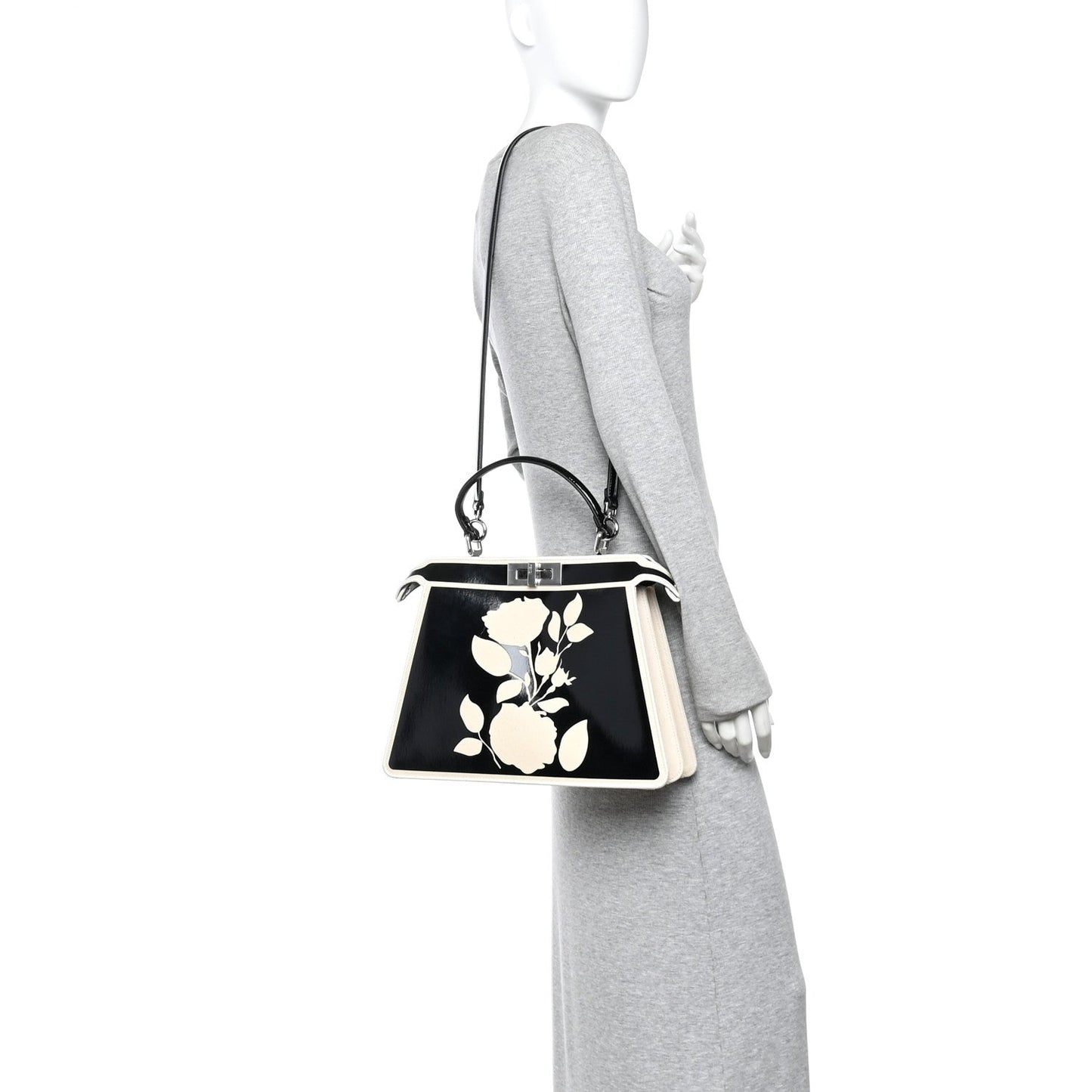 Canvas Spalmato Vernice Roses Medium Peekaboo I SEE U Satchel Black Grezzo