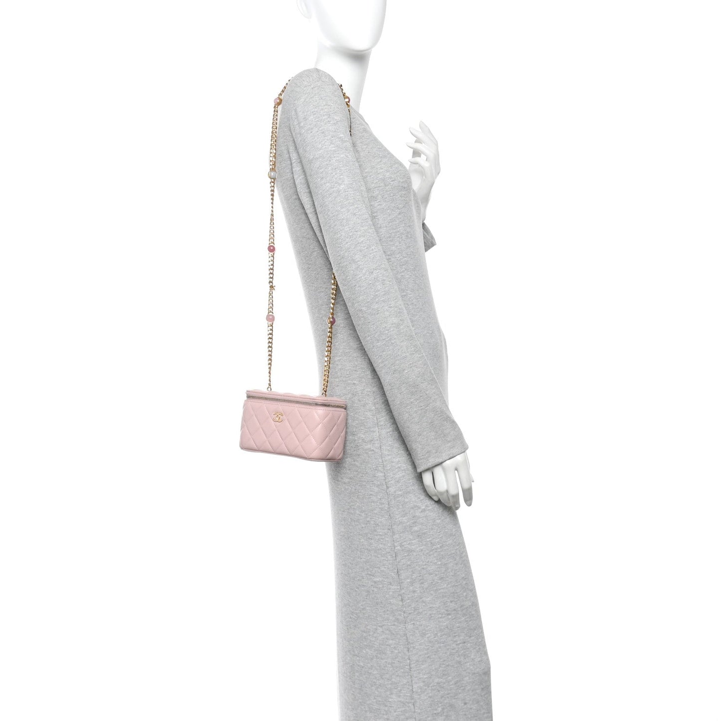 Lambskin Quilted Pearl Enamel Small Vanity Case With Chain Light Pink