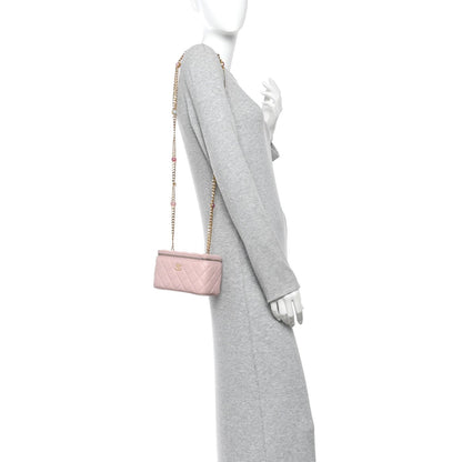 Lambskin Quilted Pearl Enamel Small Vanity Case With Chain Light Pink